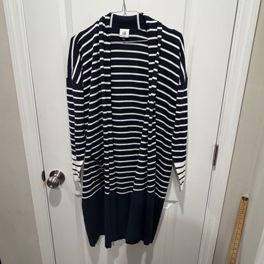 Cabi Womens Cardigan Striped Open Front Longline Cotton Navy White Size Small